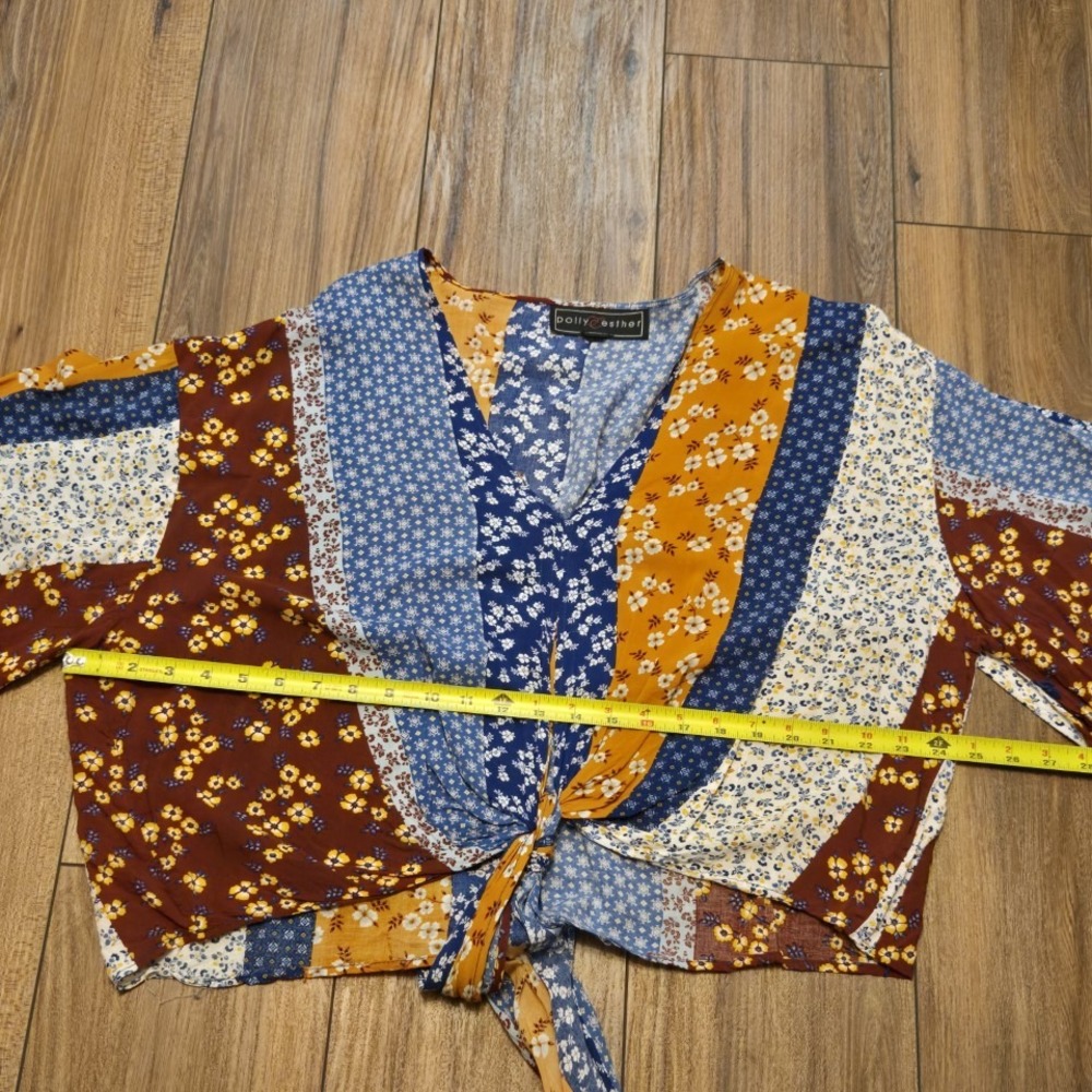 Polly & Esther Blue and Mustard Mixed Floral Tie-Front Blouse - Picture 9 of 10